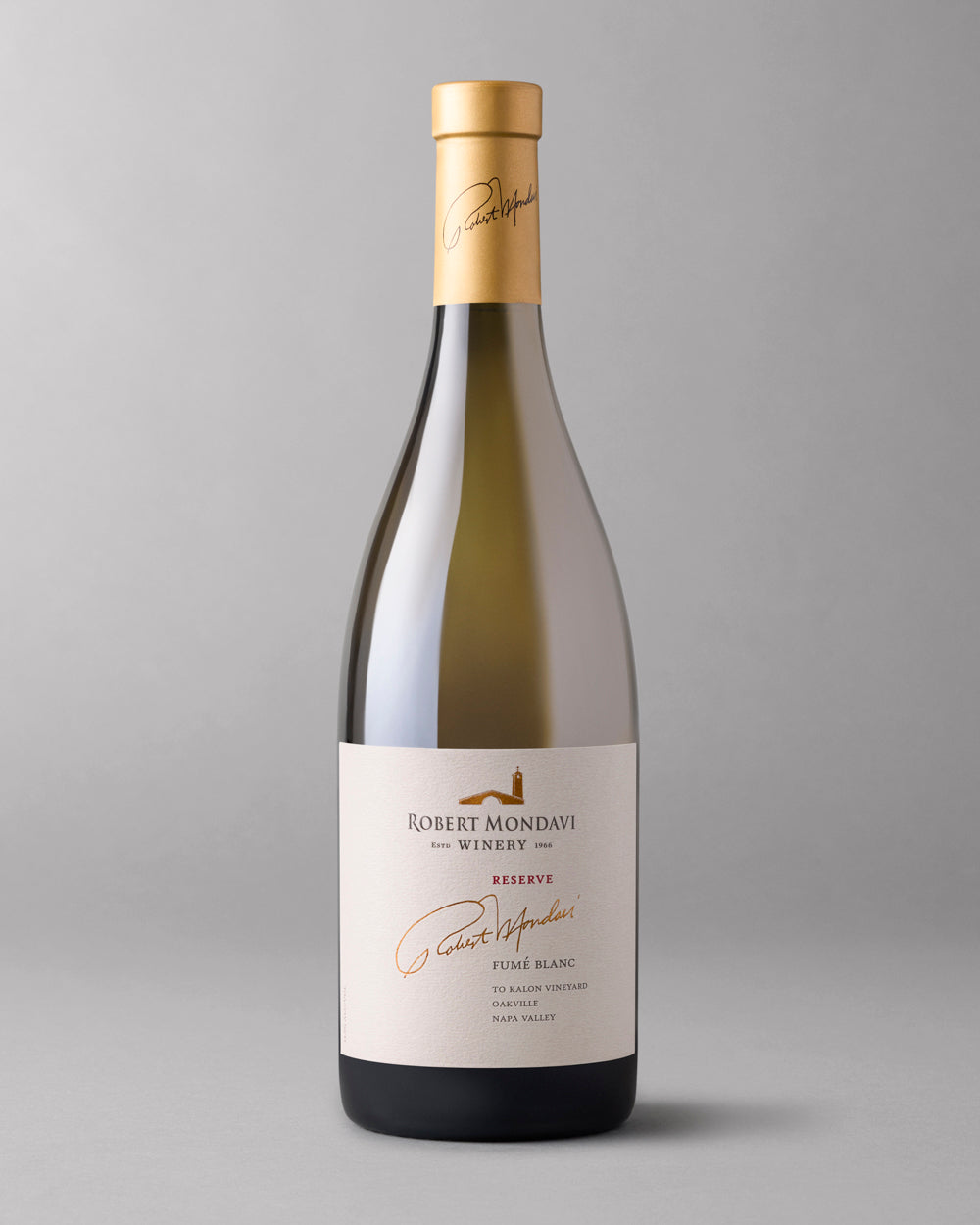 A bottle of 2017 Reserve To Kalon Vineyard Fume Blanc Napa Valley on a grey background.