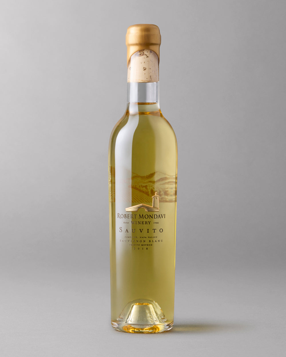 A bottle of 2018 Sauvito Sauvignon Blanc Oakville 375mL on a grey background.
