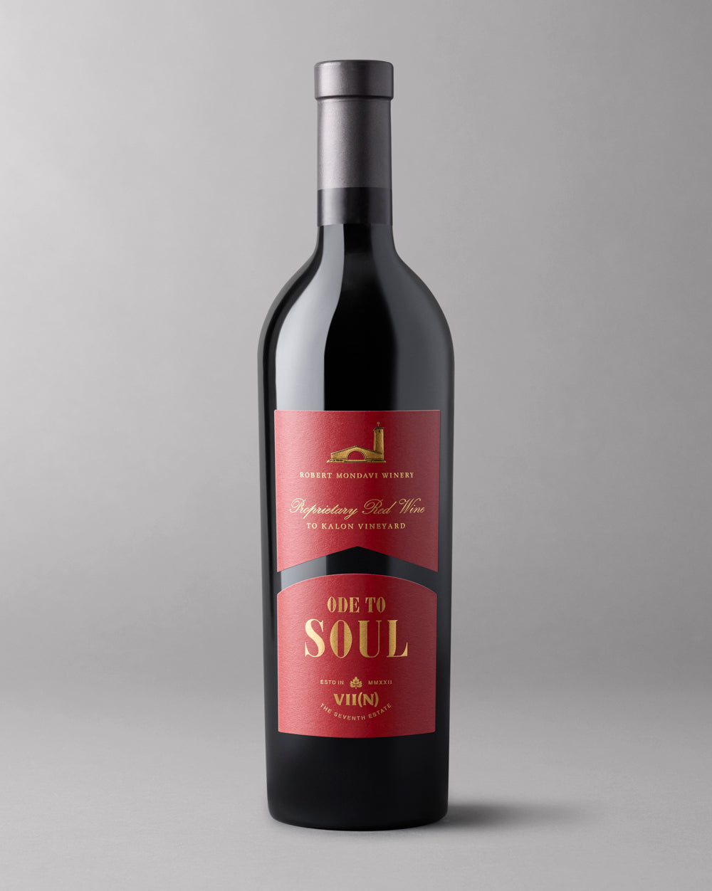 A bottle of 2021 Ode to Soul Proprietary Red Wine on a grey background.