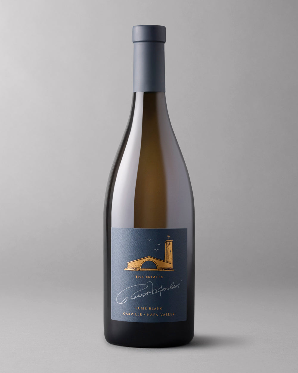 A bottle of 2022 The Estates Fumé Blanc Oakville on a grey background.