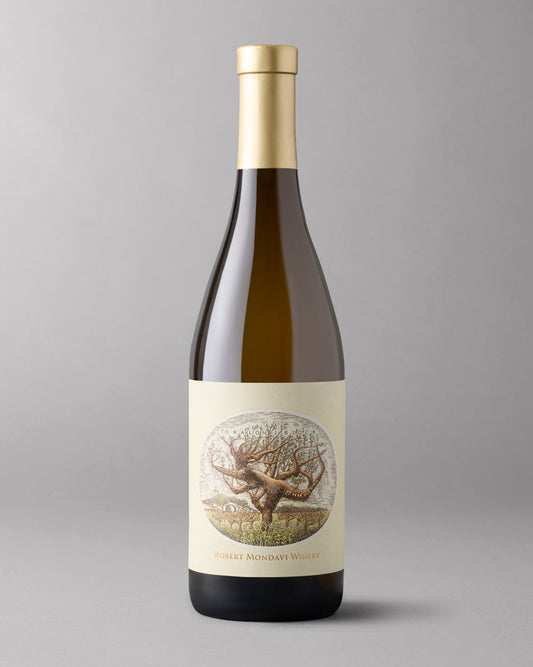 Bottle of Robert Mondavi Winery Fume Blanc with gold capsule on a light grey background