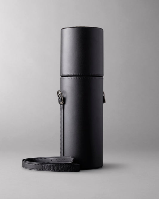 Single Bottle Wine Carrier made from vegan leather, with the  Arch & Tower embossed on the cap