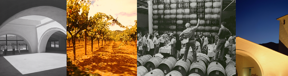 Collage of images showing the RMW tasting room, rows of vines, the barrel room