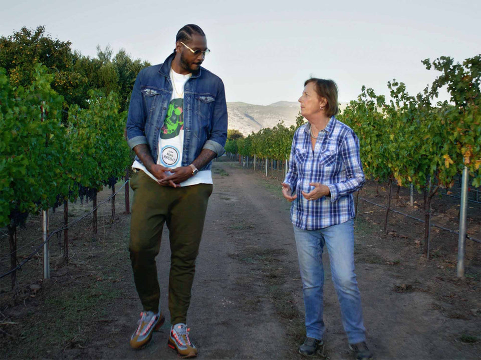 Man and woman talking in vineyard